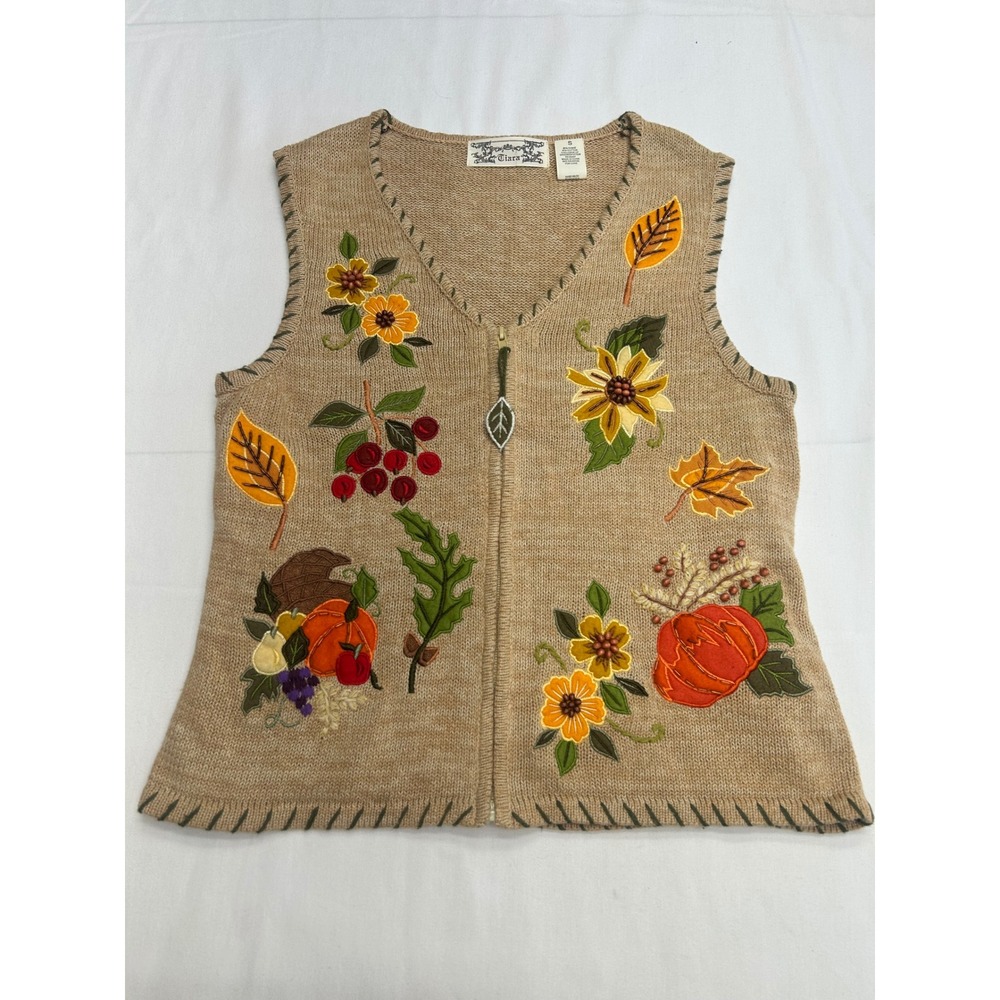 Tiara Sweater Vest Women Small Tan Autumn Embroidered Beaded Full Zip Fall
